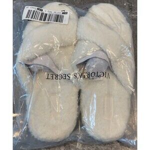 NIP Victoria's Secret PINK Cozy Fleece Platform Slide Slippers Cream Size Large
